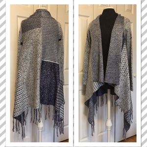 Plush Patchwork Sleeved Shawl w Fringe Detail